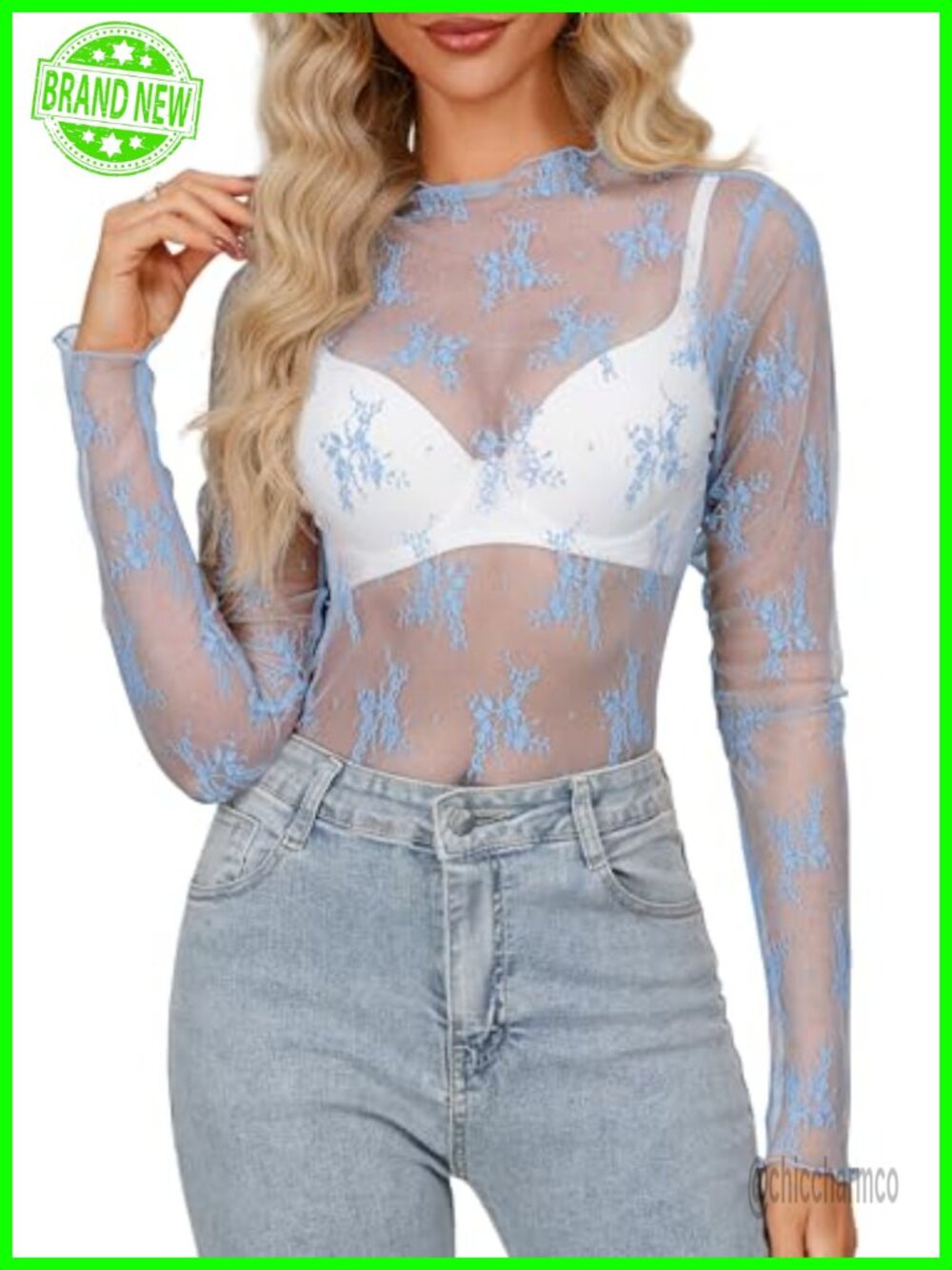 Womens Sheer Mesh Lace Floral Mock Neck Long Sleeve Blouse Y2K Layering Top